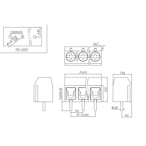 5.0mm 피치 나사 유형 PCB 인라인 터미널 블록 블루